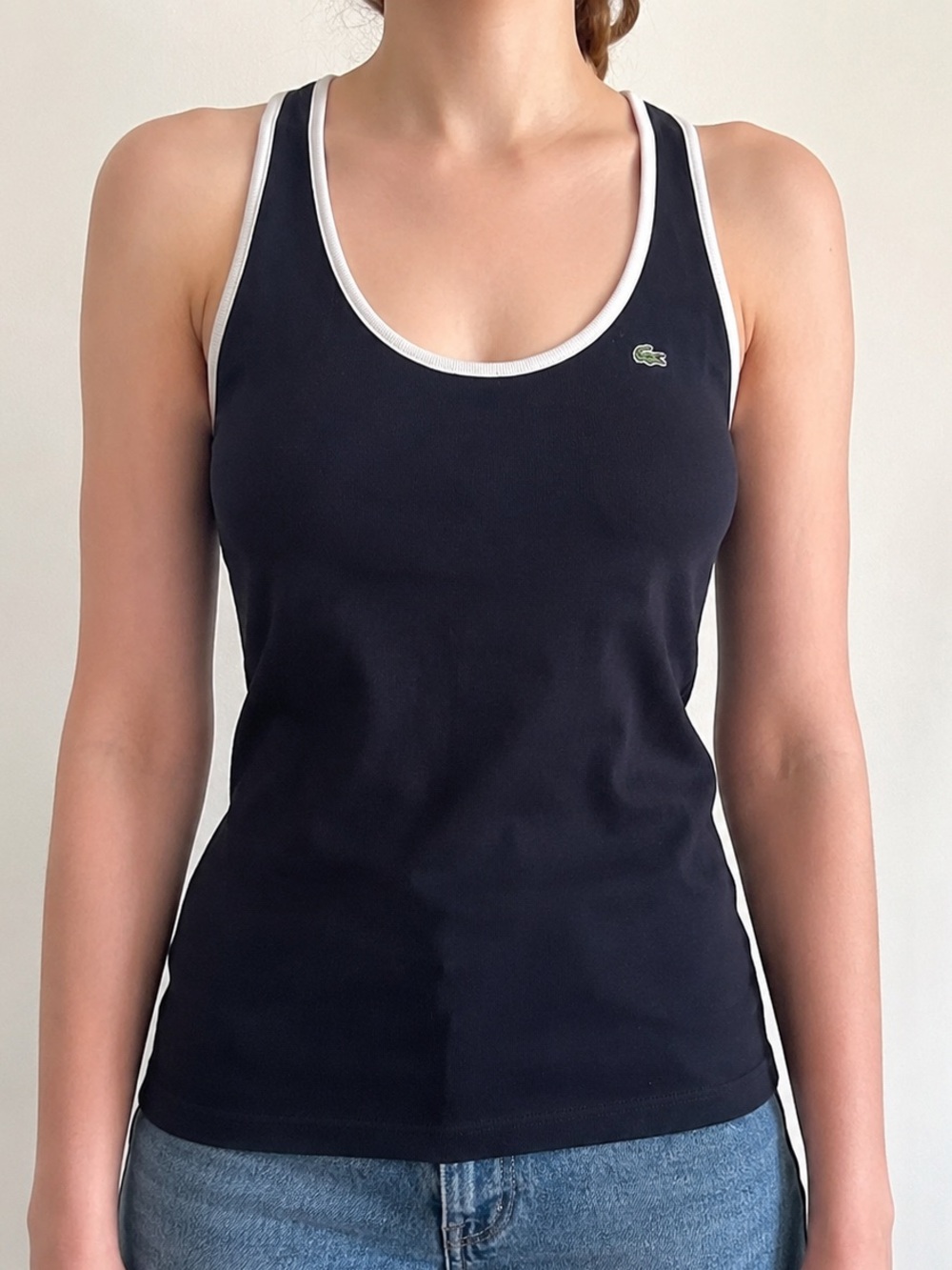 Lacoste Womenβs Black Racerback Tank Top Size L 44 White Trim Activewear
